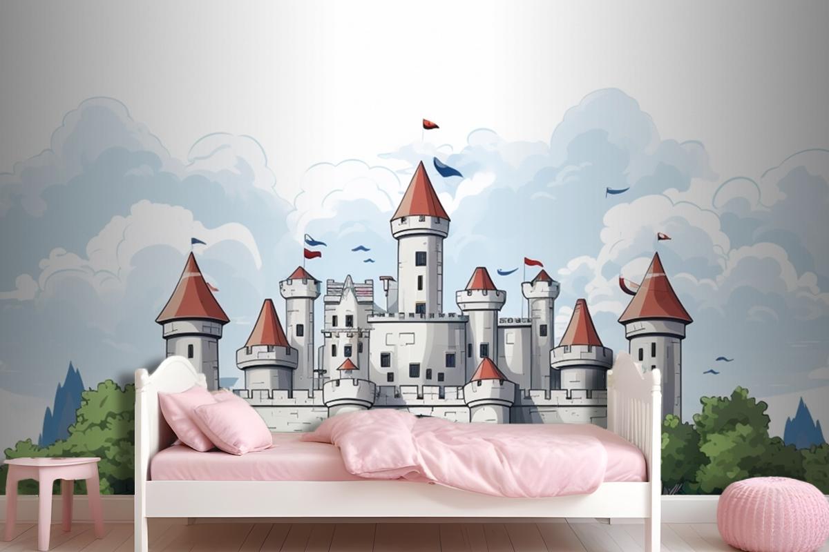 A Castle With A Flag On The Top Of It Wallpaper Mural