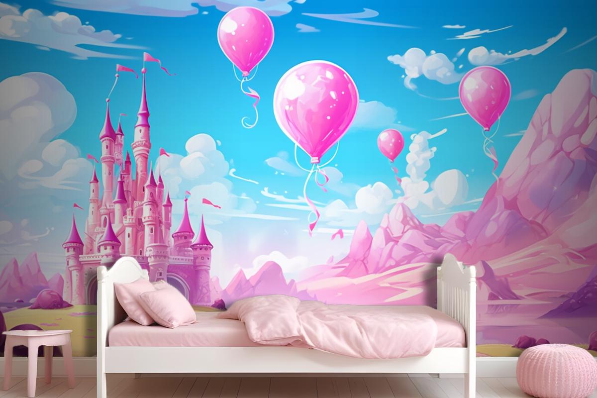 A Castle With Balloons And A Castle In The Background Wallpaper Mural