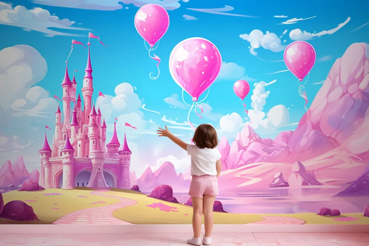 A Castle With Balloons And A Castle In The Background Wallpaper Mural