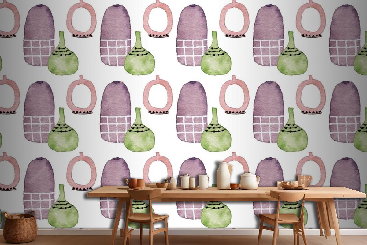 A Cute Modern Ceramic Flower Vase Watercolor Seamless Pattern Wallpaper Mural