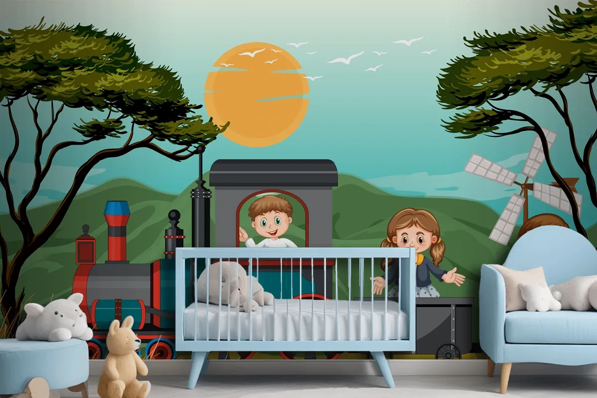 A Kids In A Train With Natural Scene Kids Wallpaper Mural