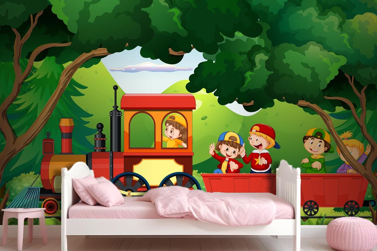 A Kids In A Train With Natural Scene Wallpaper Mural