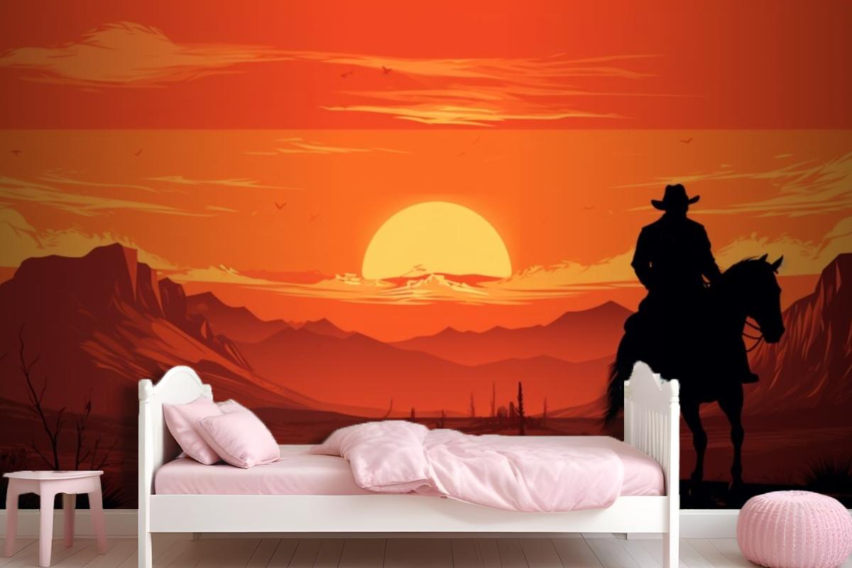 A Painting Of A Cowboy Riding A Horse In Front Of A Sunset Wallpaper Mural