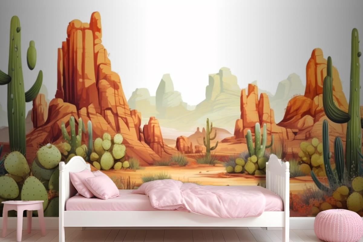 A Painting Of A Desert Landscape With Cactus And Desert Landscape Wallpaper Mural