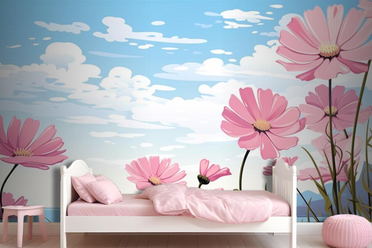 A Painting Of Pink Flowers In The Sky With The Words Daisies Wallpaper Mural