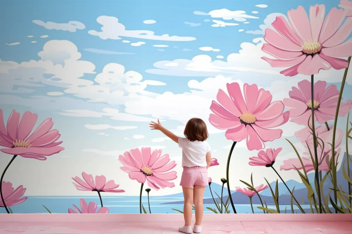 A Painting Of Pink Flowers In The Sky With The Words Daisies Wallpaper Mural