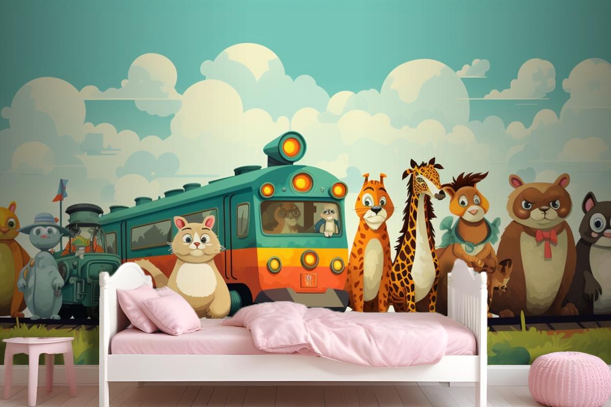 A Train With Animals On The Top And A Train With The Words Giraffes On The Front Wallpaper Mural