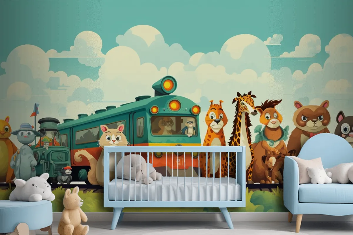 A Train With Animals On The Top And A Train With The Words Giraffes On The Front Wallpaper Mural