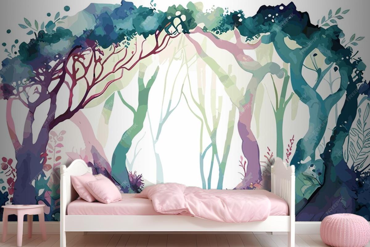 A Watercolor Painting Of A Forest With A Path Leading To It Wallpaper Mural