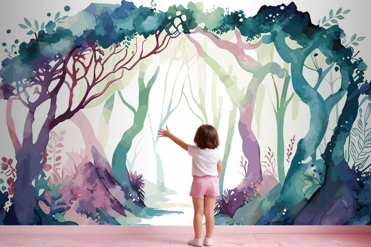 A Watercolor Painting Of A Forest With A Path Leading To It Wallpaper Mural