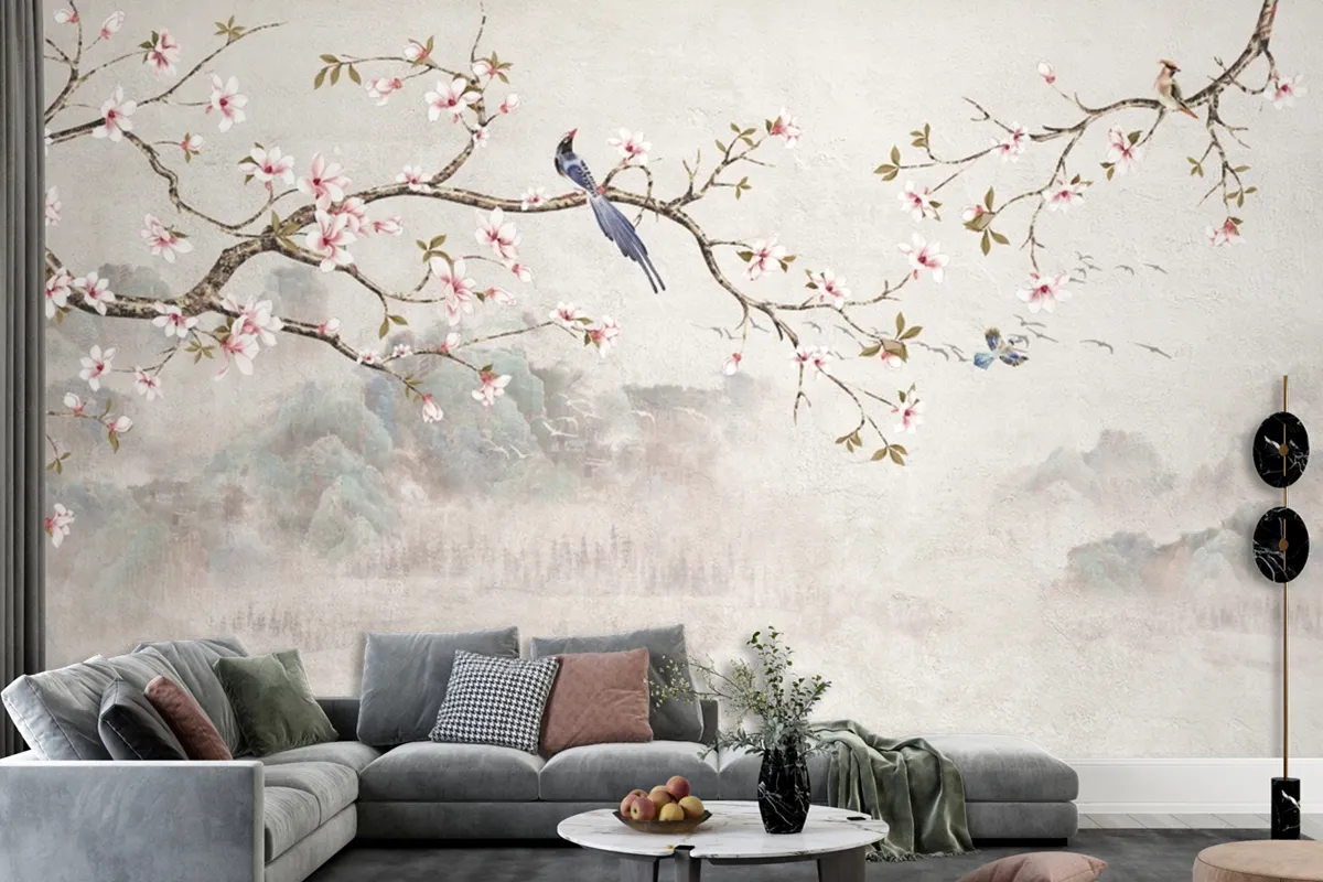 Chinoiserie With Cherry Blossom Flowers And Bird Wallpaper Mural