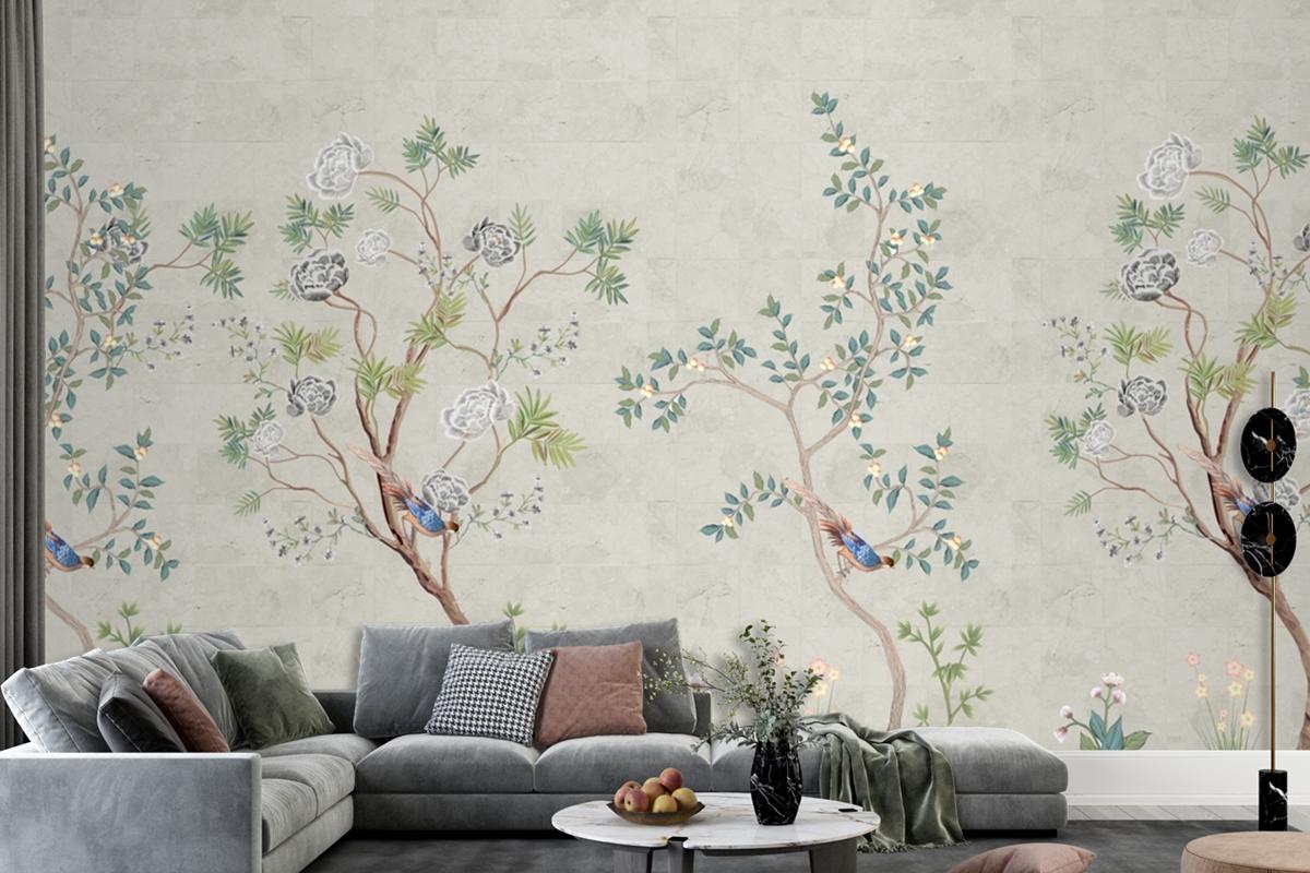 Spring Seamless Background Tree And Bird Chinoiserie Beautiful Wallpaper Mural