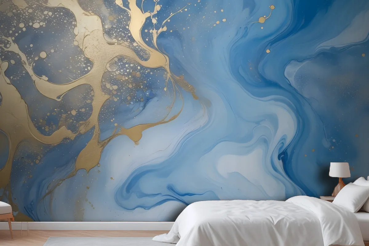Abstract Blue And Gold Fluid Art Painting Bedroom Wallpaper Mural