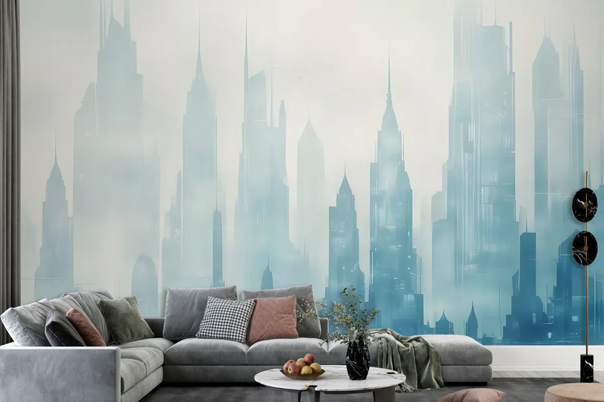 Abstract Blue Monochrome City Landscape Wallpaper Mural