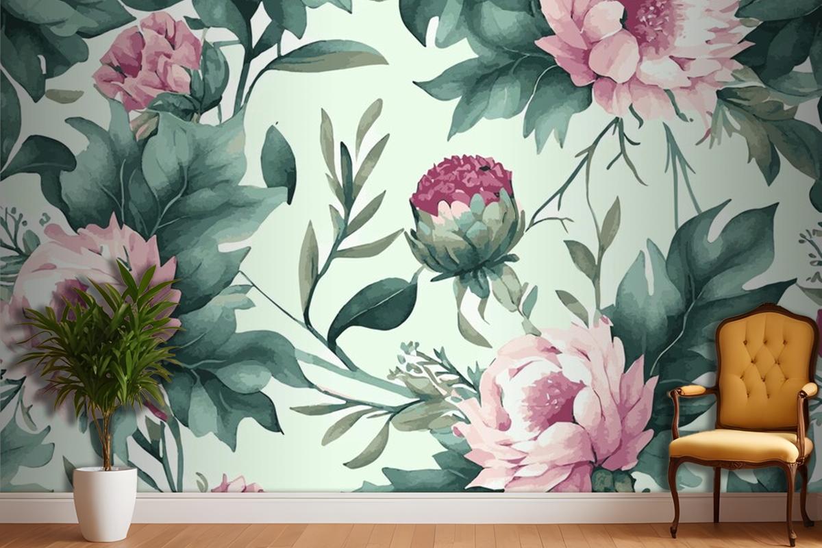 Abstract Floral Art  Botanical Watercolor Hand Drawn Flowers Wallpaper Mural