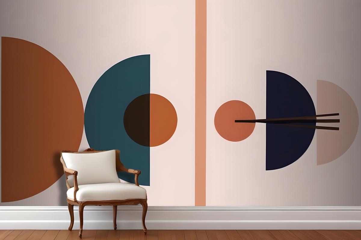 Abstract Geometric Shapes In Various Shades Of Blue Orange And Brown Against A Light Pink Wallpaper Mural