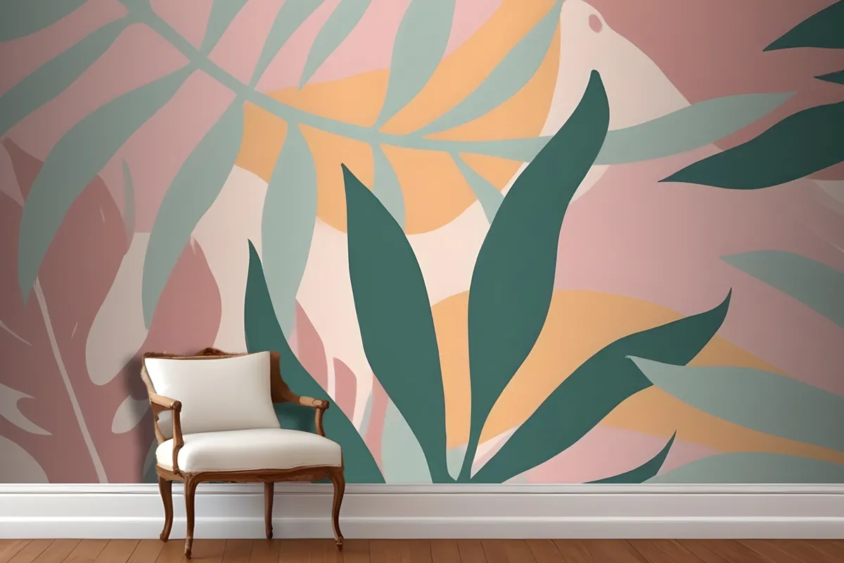 Abstract Tropical Leaves And Shapes In Pastel Colors On A Pink Wallpaper Mural