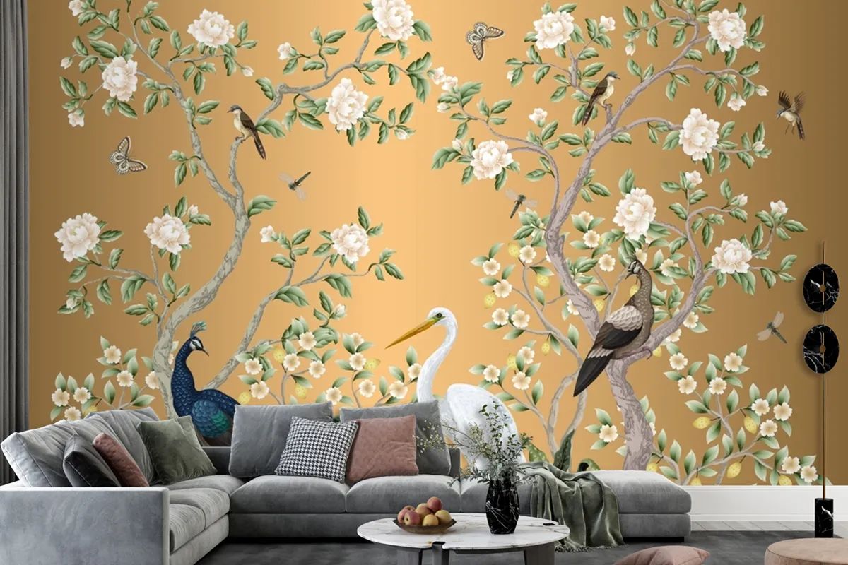 Chinoiserie Mural With Peacocks And Flowers Trees Wallpaper Mural