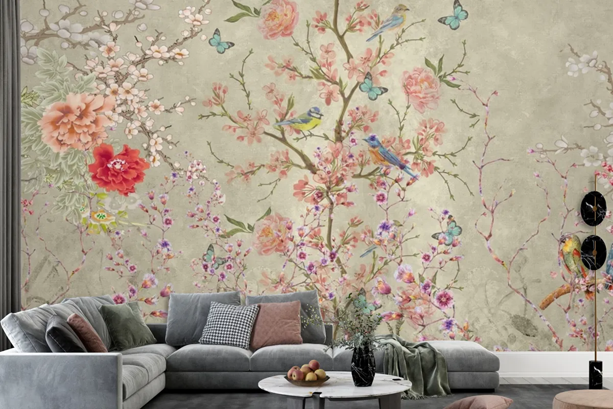 Whimsical Birds Blooms A Dance of Nature's Delicacy Wallpaper mural