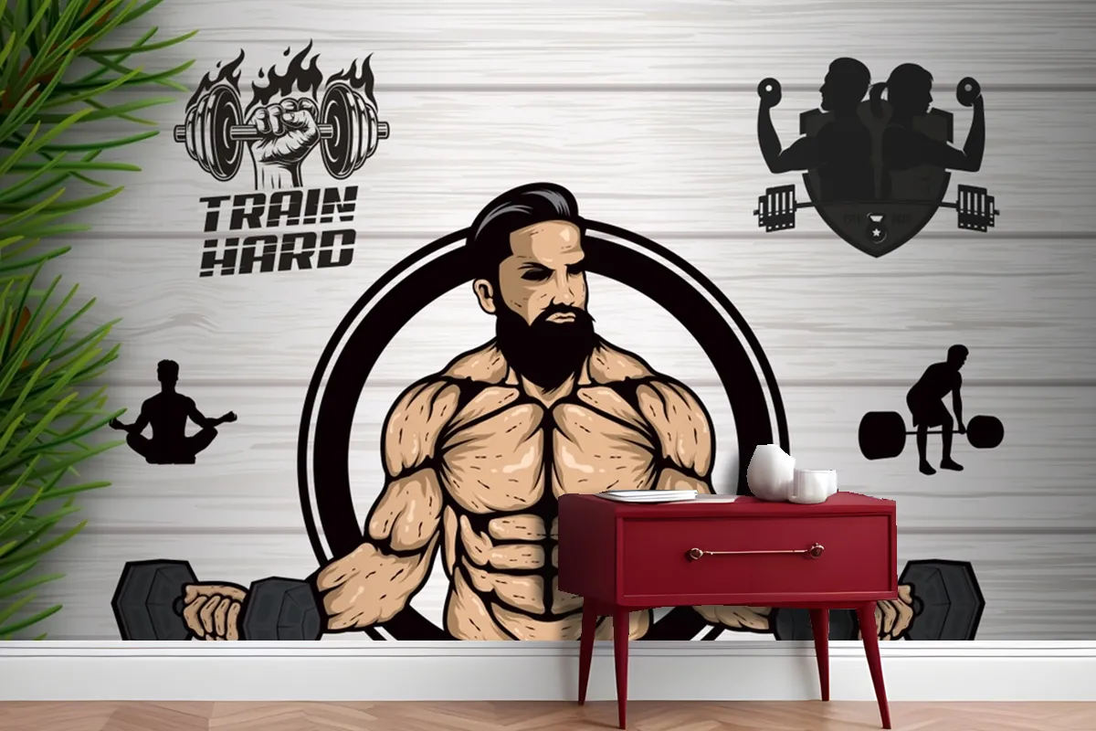 Ahşap Arka Plan Çim Dambıl Gym Fitness Duvar Kağıdı