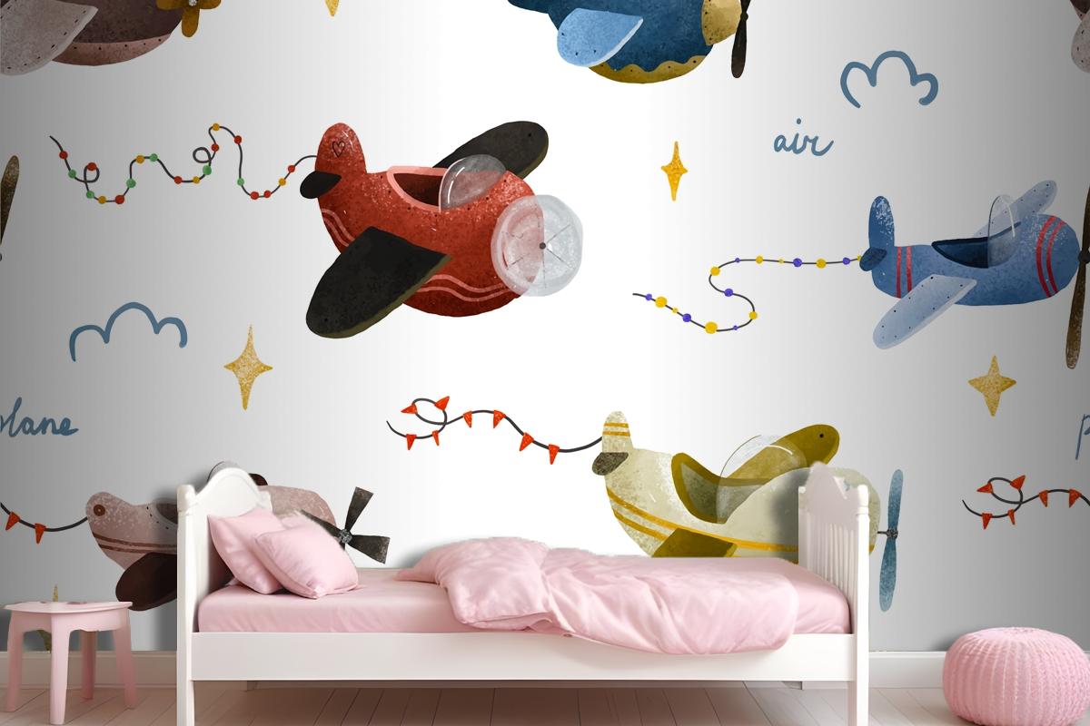 Aircraft And Clouds In Scandinavian Style Boy Wallpaper Mural