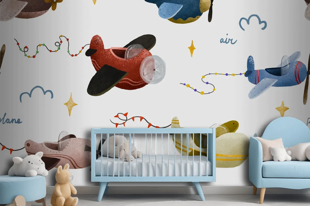 Aircraft And Clouds In Scandinavian Style Boy Wallpaper Mural