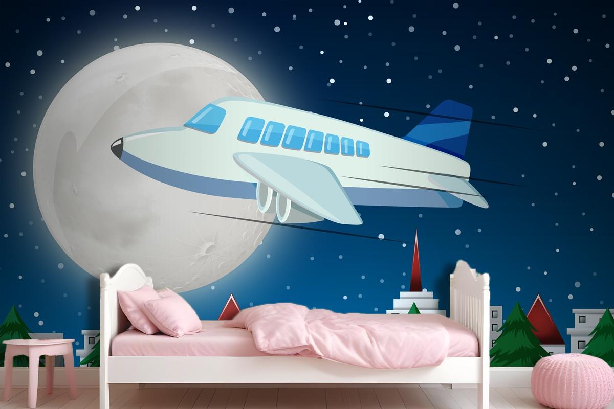 Airplane Flying Over Sky At Night Wallpaper Mural