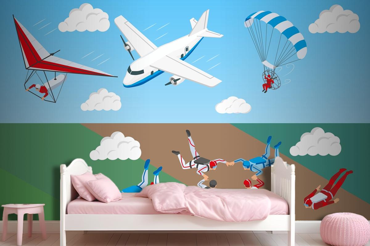 Airplane Hang Glider And Group Of People Skydiving In Sky Wallpaper Mural