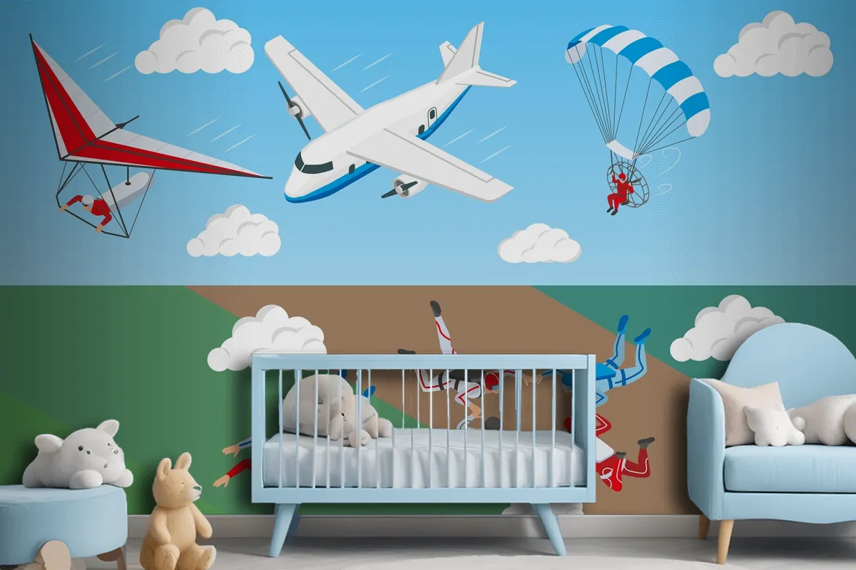 Airplane Hang Glider And Group Of People Skydiving In Sky Wallpaper Mural