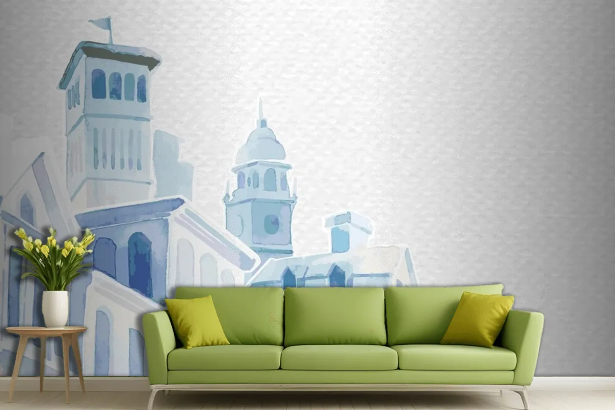 Architectural Mediterranean Buildings In Watercolor On White Paper Textured Living Room Wallpaper Mural