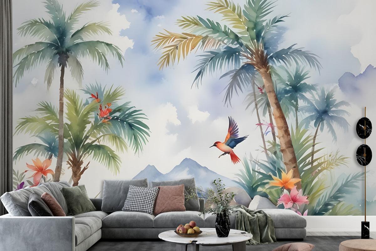 Art Painting Colorful Landscape With Birds Wallpaper Mural