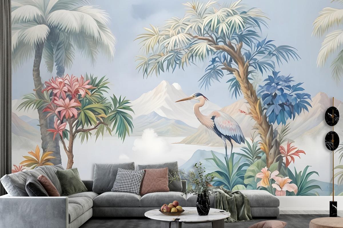 Art Painting Colorful Landscape With Heron Birds Wallpaper Mural