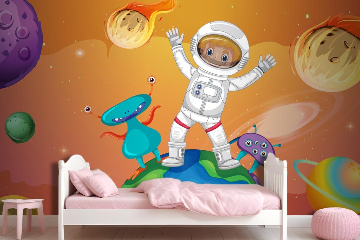 Astronaut Kid With Aliens Standing On The Earth In Space Scene Wallpaper Mural