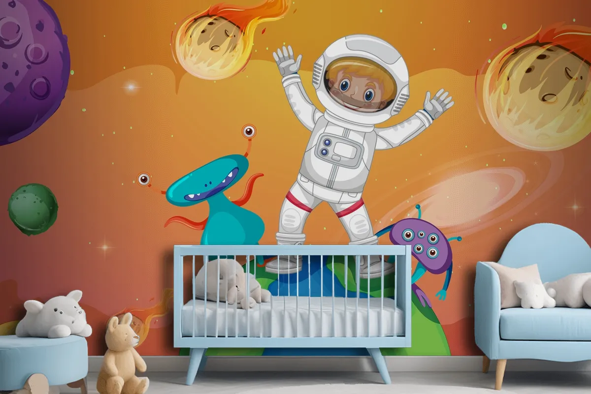 Astronaut Kid With Aliens Standing On The Earth In Space Scene Wallpaper Mural