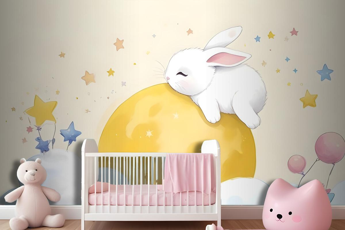 Baby Cartoon Rabbit And Yellow Moon Wallpaper Mural