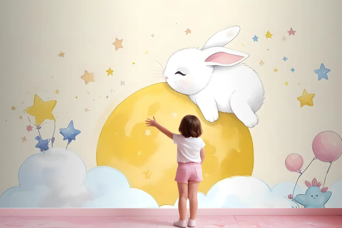 Baby Cartoon Rabbit And Yellow Moon Wallpaper Mural