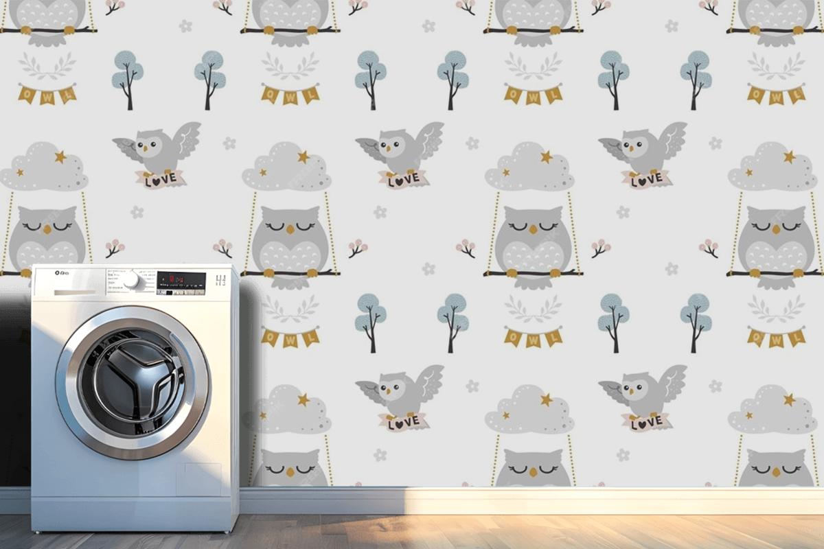 Baby Owl Pattern Wallpaper Mural