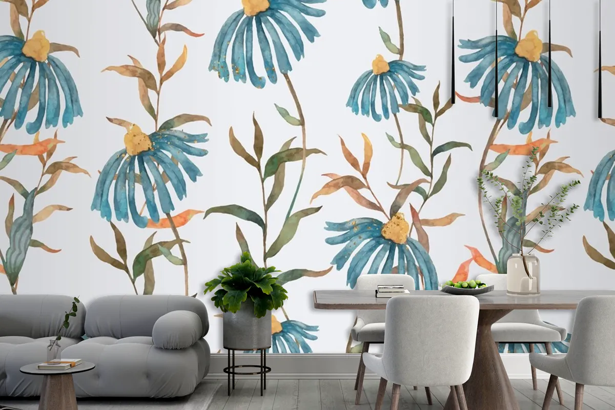 Background Of Floral Pattern With Blue Watercolor Flowers Wallpaper Mural