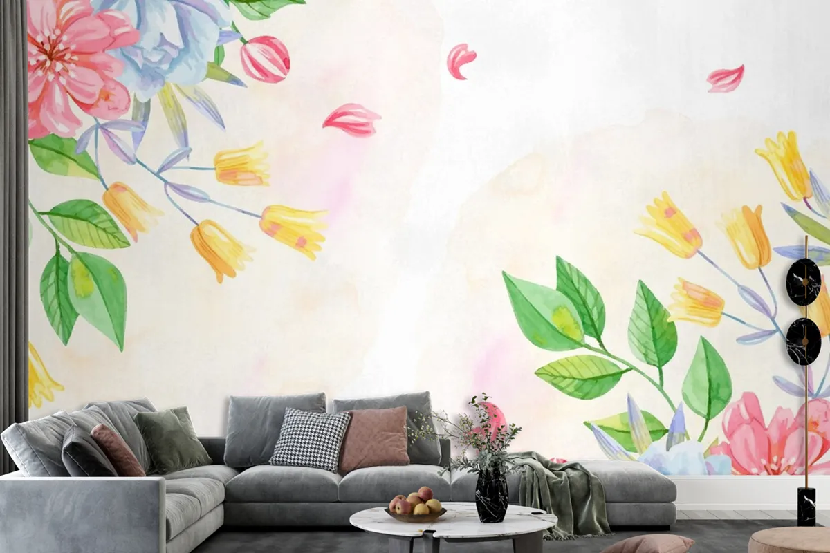 Background Pastel Colors Watercolor Flowers Wallpaper Mural