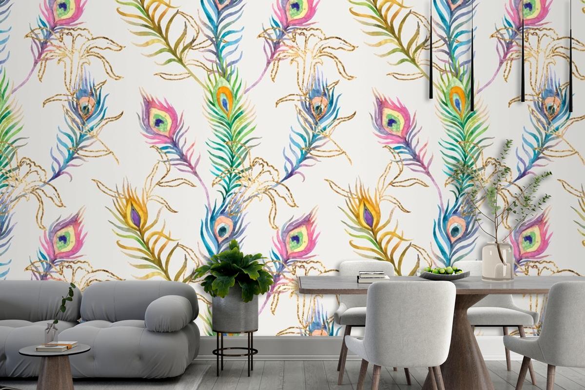 Background Of Peacock Feather Colorful Watercolor Pattern Wallpaper Mural