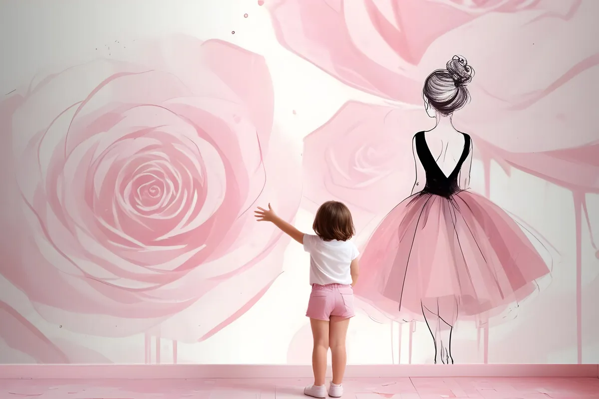 Ballerina Girl And Pink Roses Wallpaper Mural