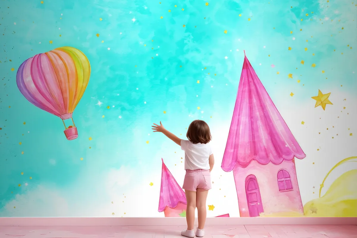 Balloon With A Flying Fairytale Watercolor Wallpaper Mural