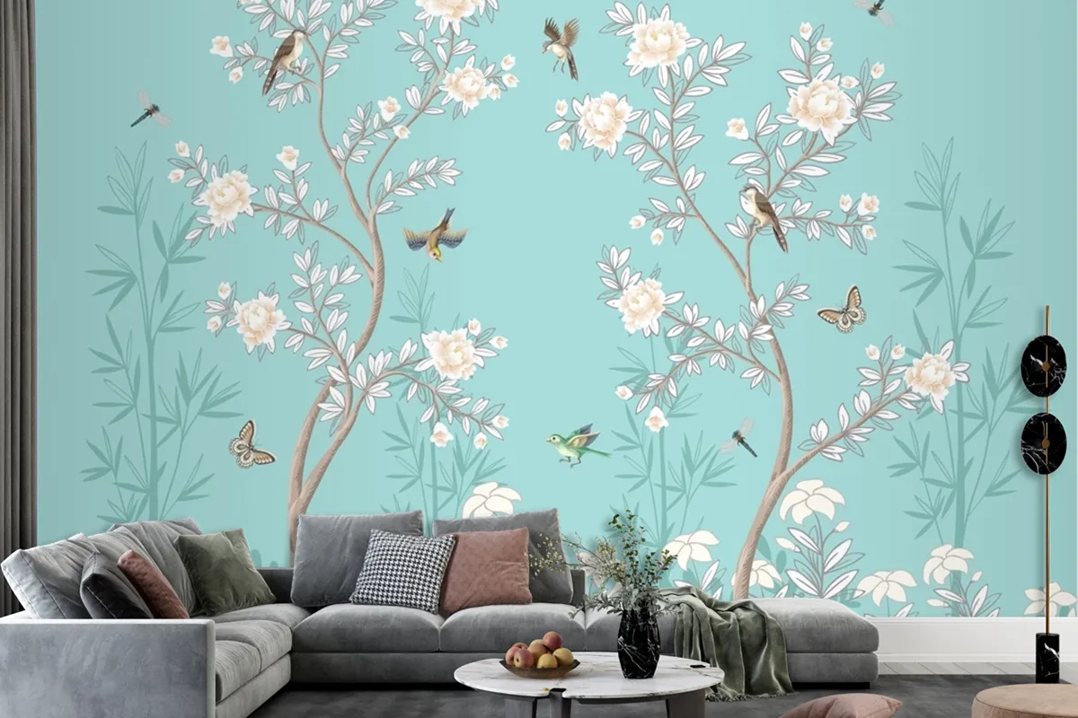 Chinoiserie Mural With Peonies And Birds Turquoise Wallpaper Mural