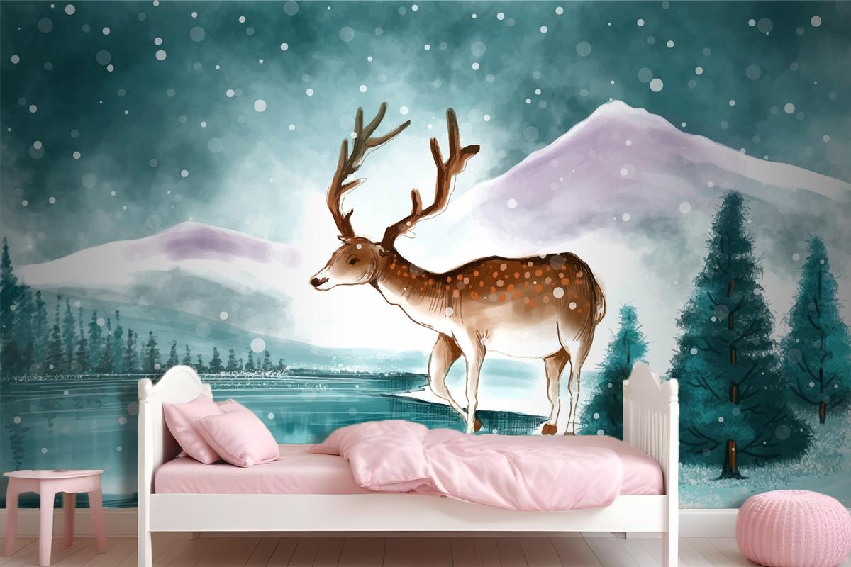 Beautiful Christmas Landscape In Winter With Christmas Deer Card Wallpaper Mural