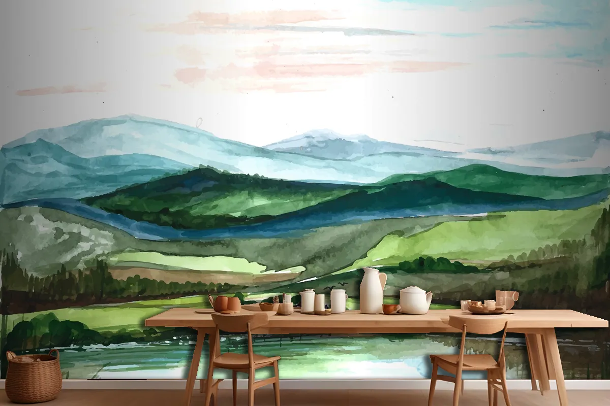 Beautiful Landscape Mountain Hand Draw Painting Wallpaper Mural