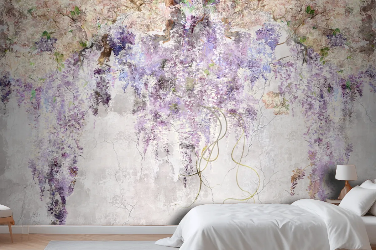 Beautiful Lilac Branches On The Concrete Grey Vintage Wallpaper Mural