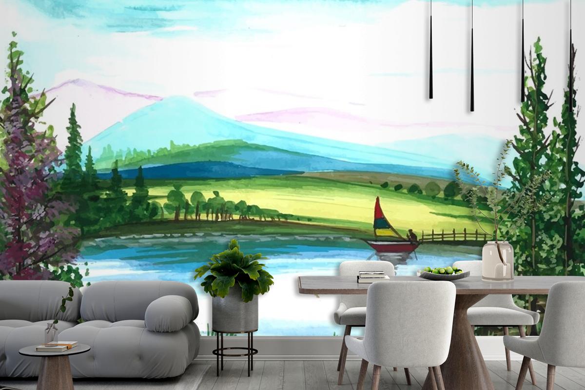 Beautiful Nature Landscape Hand Draw Watercolor Wallpaper Mural