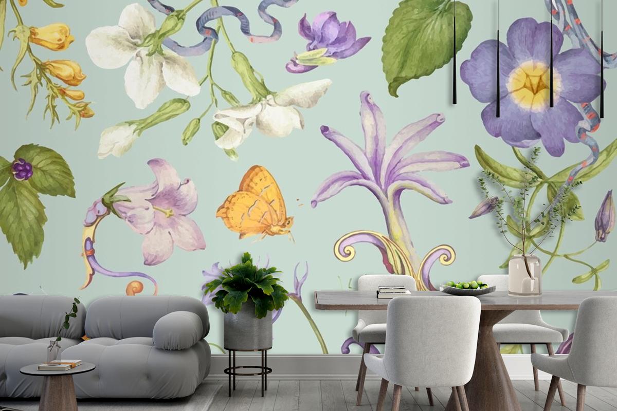 Beautiful Purple Floral Pattern On Green Wallpaper Mural