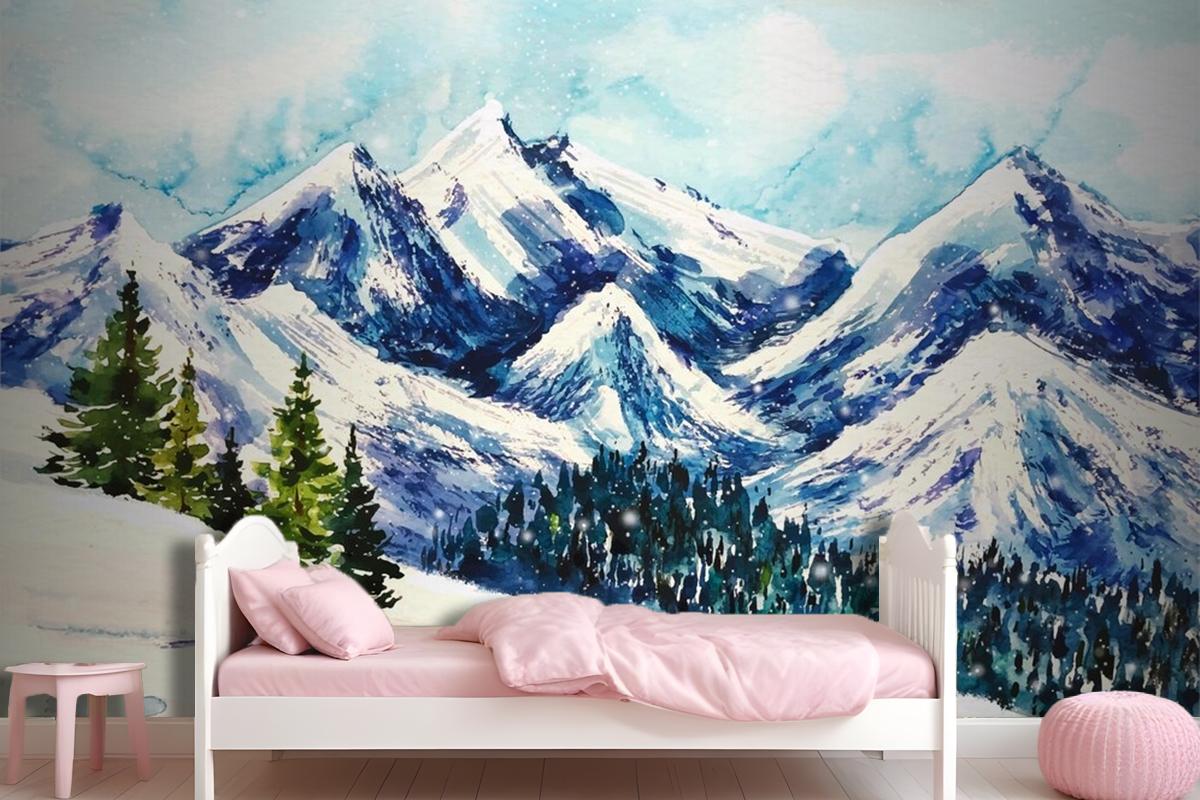 Beautiful Winter Landscape In Watercolor Background Wallpaper Mural