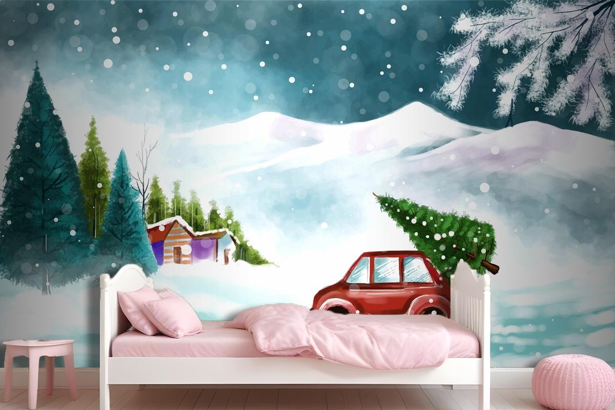 Beautiful Winter Landscape With Car In Snowy Christmas Tree Wallpaper Mural